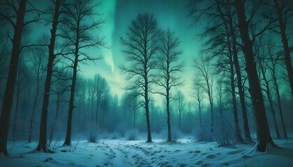 Polar northen lights in the snowy forest. AI generated