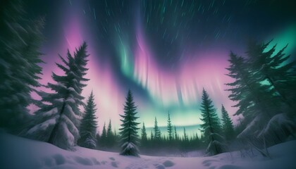 Polar northen lights in the snowy forest. AI generated