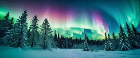 Polar northen lights in the snowy forest. AI generated
