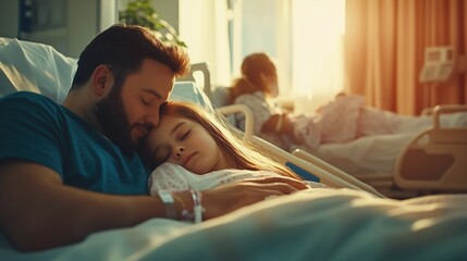 A young girl rests peacefully in a hospital bed, embraced by her father. The soft light of early evening streams in, creating a warm, comforting atmosphere amidst the medical setting