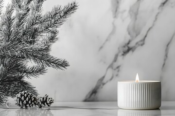 A beautiful candle is sitting on a table right next to a lovely christmas tree