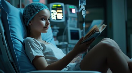 In a hospital setting, a young girl sits on her bed, focused on reading a book while surrounded by medical equipment and monitors. Her demeanor reflects resilience