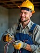 © SerPak - A professional electrician with a smile works diligently at a construction site, skillfully handling and preparing various electrical wires. The setting emphasizes both his expertise and the vibrant w