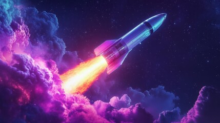 Aufkleber - A powerful rocket ascends into the night sky, surrounded by vivid clouds of purple and orange light, leaving a trail of flames as it breaks through the atmosphere, embarking on a space journey.
