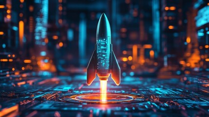 Fototapete - A sleek rocket lifts off from a luminescent launch pad, surrounded by a vibrant, futuristic city bathed in neon colors
