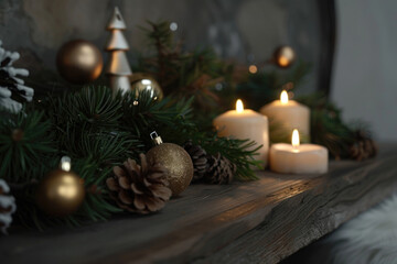 Christmas candles and decorations on a wooden shelf, creating a festive and cozy holiday vibe.