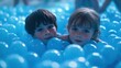 © fourtakig - Sami children playing in a blue-tinted ball pit, the playful background complementing the characters' joyful, carefree expressions