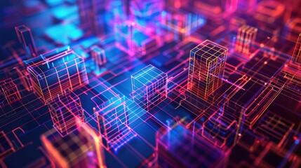 an array of glowing purple and blue cubes against a black background, reflecting an advanced and vib