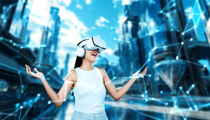 Female stand wear white VR headset and white sleeveless connect metaverse, future technology create cyberspace community. She look around and gesticulate enjoy fantasy building in meta. Hallucination.