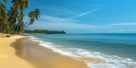 Sticker - Tranquil tropical beach with palm trees and clear blue sky.