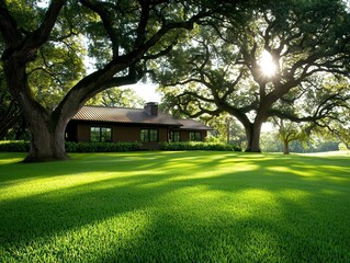 Eco-friendly home with large oak trees providing natural shade, sustainable and green, house exterior, big trees, oak, eco-friendly