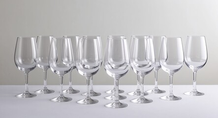 Clear wine glass set arranged on a plain white background.