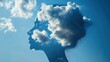 © fourtakig - Serene blue mind floating clouds in a human head silhouette, plain sky background