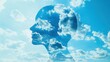 © fourtakig - Serene blue mind floating clouds in a human head silhouette, plain sky background
