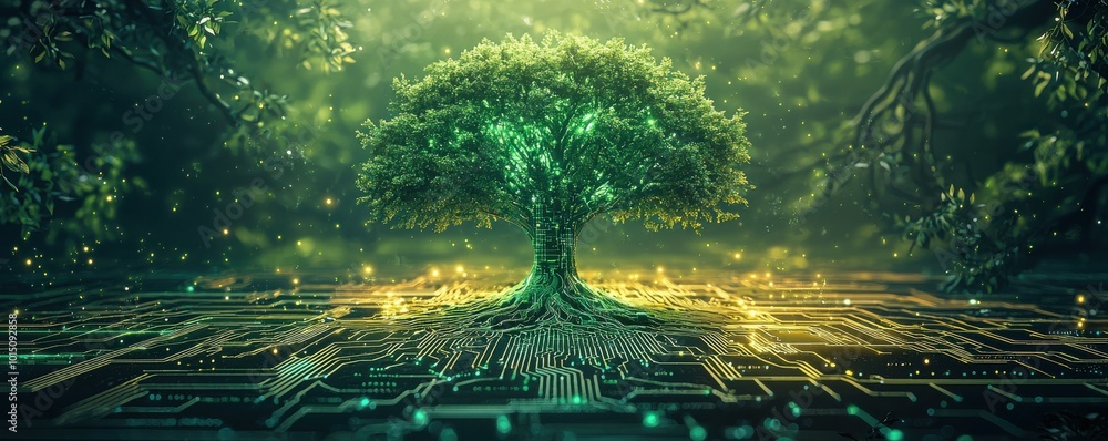 Digital tree of life flourishing over a futuristic circuit board ...