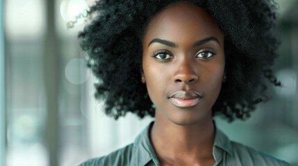 Portrait of a confident young woman with natural curly hair, showcasing beauty and elegance in a modern indoor setting with soft neutral tones