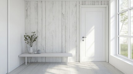 Poster - A bright entryway features white wooden walls and a simple bench, with a vase of flowers adding a touch of nature and elegance