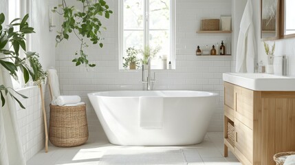 Aufkleber - The serene bathroom showcases a stylish freestanding tub surrounded by plants, natural light, and minimalist decor
