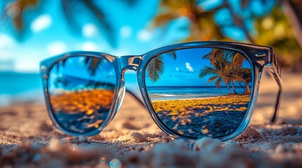 Sunglasses reflecting a tropical beach scene with palm trees under a bright blue sky on a sunny day.