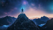 © Danimotions - A lone figure stands atop a mountain peak, surrounded by a network of connections against a starry sky at dusk