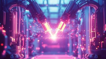 Fototapete - Two robotic arms are shown in a futuristic factory setting, emitting a bright spark as they come together. The background is blurry and filled with lights, giving the image a futuristic feel.