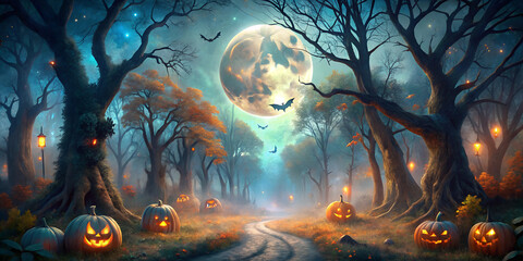 Wall Mural - halloween scene with moon