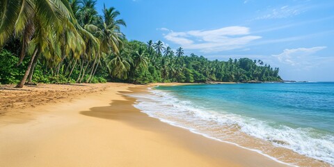 Sticker - Tropical beach with palm trees, clear water, and white sand.