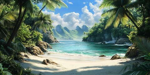 Sticker - Tropical beach with palm trees, blue water, white sand and green mountains in the background.