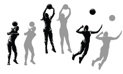 set of volleyball women silhouette isolated on white background