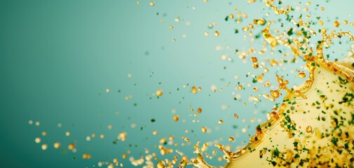 Fototapete - Vibrant splash of golden liquid against a serene blue background, capturing the essence of movement and energy.