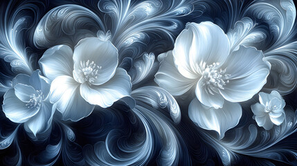 Wall Mural - Imaginary white flowers with beautiful lines on a dark background.