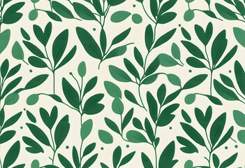 A seamless pattern featuring various green leaves on a light background. The design showcases a variety of leaf shapes and sizes, creating a lush and vibrant botanical theme.