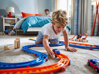 Child playing with toy race car track in bedroom