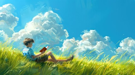 Sticker - Boy Reading in a Field with a Blue Sky and White Clouds