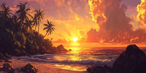 Sticker - Tropical sunset with palm trees on a rocky beach with a dramatic sky.