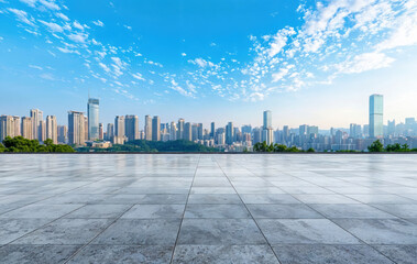 empty marble floor overlooking a modern city skyline with blue sky