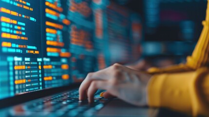 Close-up view of hands typing on a laptop keyboard with glowing data code displayed on screen in a dark, tech-focused environment.