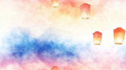 Sticker - Watercolor Sky with Chinese Lanterns.