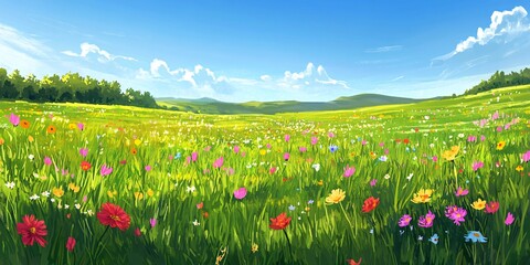 Wall Mural - Vibrant wildflowers blooming in a lush green field under a clear blue sky.