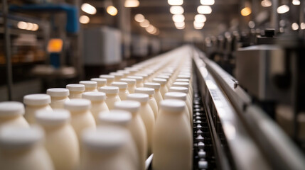 Milk bottles moving on conveyor belt in factory; automated production line, industrial setting, white bottles lined up systematically, manufacturing process.