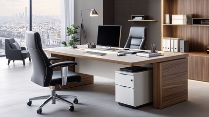 Modern minimalist style, sleek particle board desk with a smooth matte finish, featuring clean lines and functional design, understated elegance with a focus on practicality,