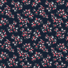 Wall Mural - Vintage floral background. Floral pattern with small red and white flowers on a dark blue background. Seamless pattern for design and fashion prints. Ditsy and liberty style. Stock vector illustration