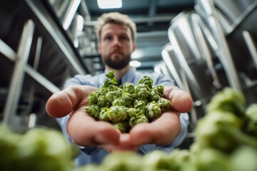 A brewery technologist holding a handful of fresh hops