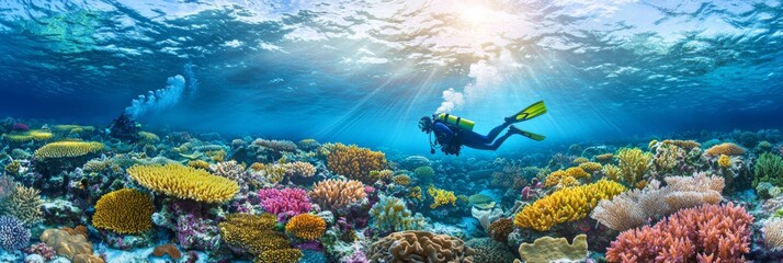 Scuba diver exploring vibrant coral reefs underwater, marine life