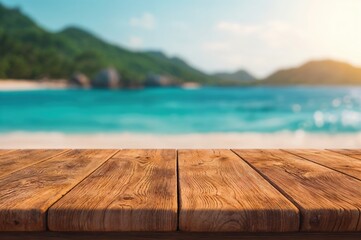 Wall Mural - Empty wooden tabletop overlooking tranquil tropical beach scene