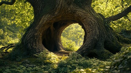 Wall Mural - A large tree hollow in the trunk of an ancient oak, its dark interior a mystery