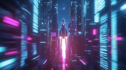 Fototapete - A white rocket ship blasts off into the night sky, surrounded by neon lights in a futuristic city.