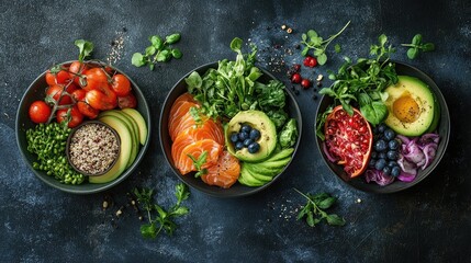 Wall Mural - A visually stunning collage of three healthy, nutritious meals, created for a nutritionist giveaway, highlighting the benefits