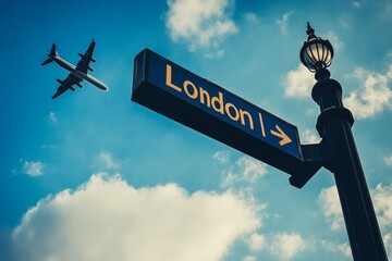 large signage to London and a airplane is passing by in the air , illustrating traveling with airplane to London