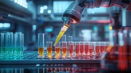 Poster - A robotic arm accurately dispenses liquids into colorful test tubes, highlighting automation in a high-tech lab dedicated to scientific research and chemical experiments.